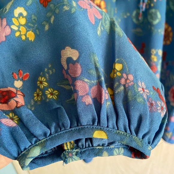Dalia Blue Floral Peasant Chiffon Boho Long Sleeve Blouse Sz Med - Picture 2 of 10